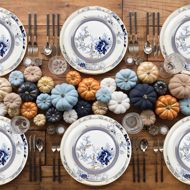 BLUE Factory Custom Print Pattern Ceramic Dinnerware Plate Hotel Gold Rim Charger Plate Bone China Dinner Plate Set For Restaurant