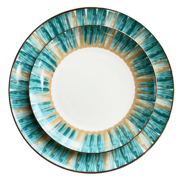 Blue and pink fantasy gold ring art decoration plate furniture decoration bone china set