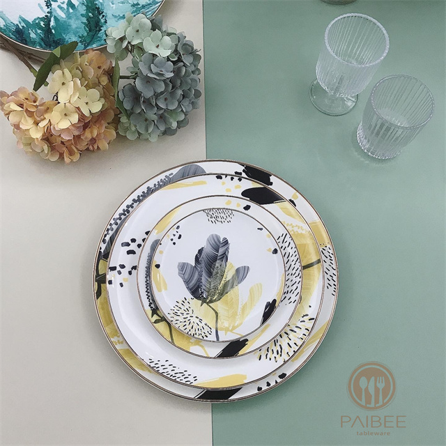 Banana Leaf Pattern Bone China Dinner Plate Plant Elegant Ceramic Plate