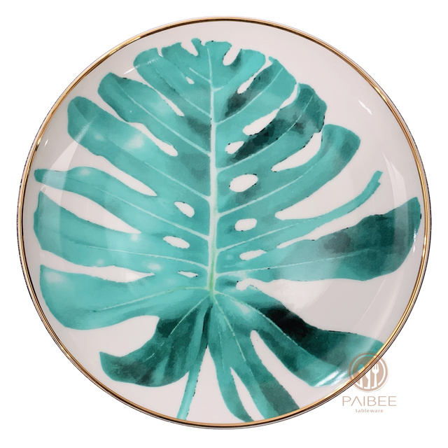 High-grade Tropical Rainforest Monstera Gold-rimmed Ceramic Plate Bone China