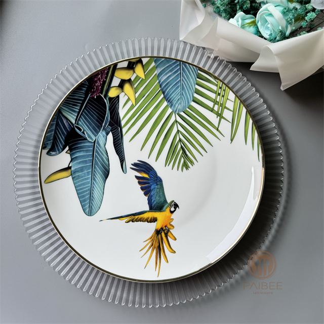 Hot Sale Parrot Bone China Tableware Gold Edge Bone China Plate