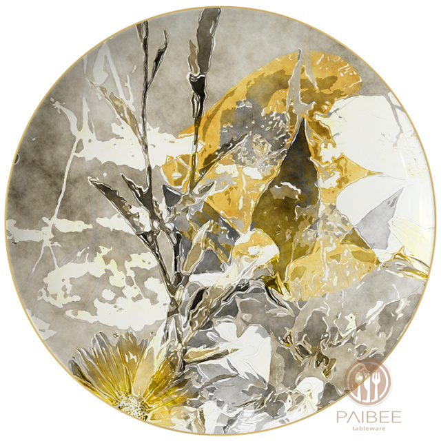 Gold And Silver Toned Bone China Plate with Detailed Abstract Floral Pattern