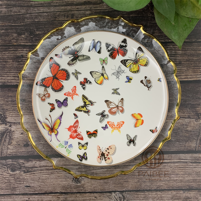 Wholesale Butterfly Pattern Wedding Dinner Plate Decorative Gold Rim Bone China Dinnerware