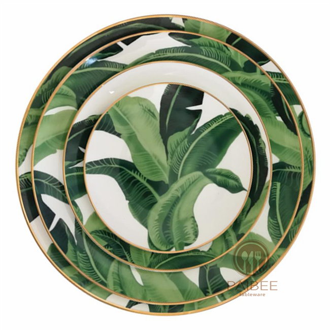 Green Banana Leaf Pattern Gold Rim Bone China Plates for Wedding