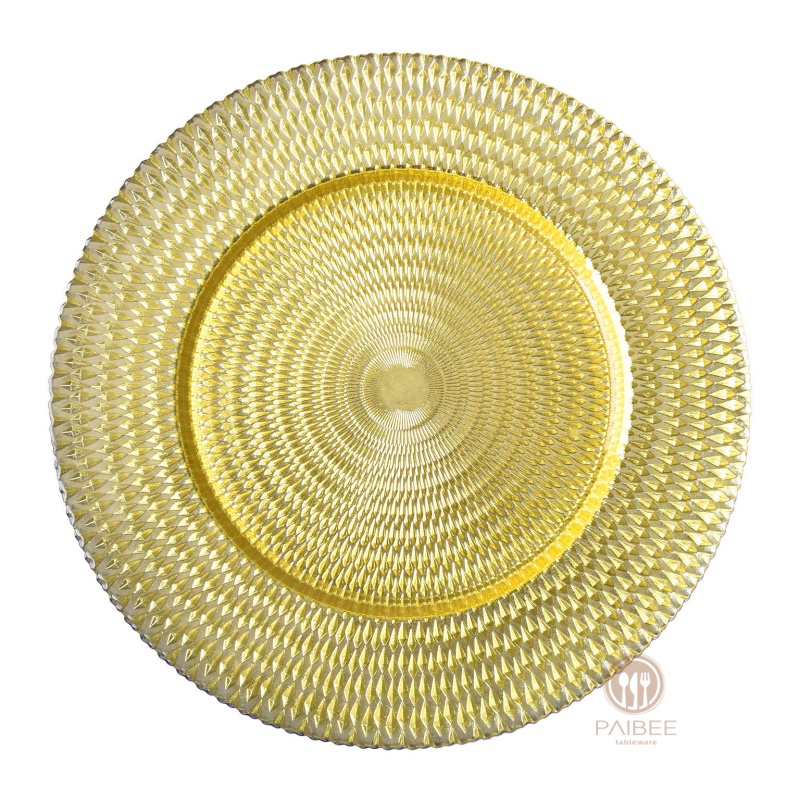 Multi-Color Diamond-Cut Sunburst Crystal Glass Charger Plate with Custom Options