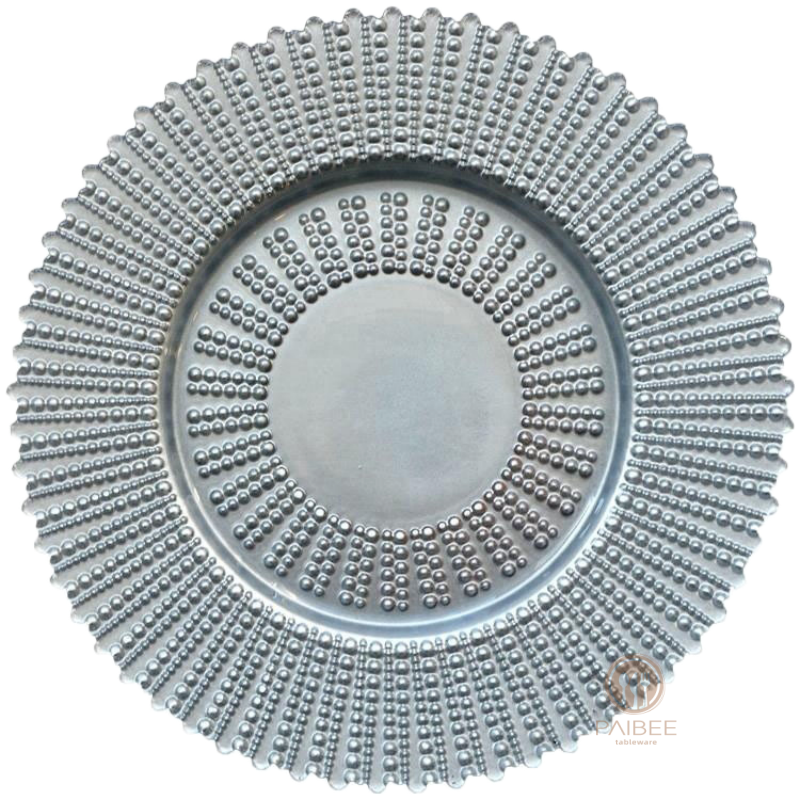 Multi-Color Beaded Dot Pattern Crystal Glass Charger Plate with Custom Options 二、产品关键词（7 个框，覆盖所有卖点）