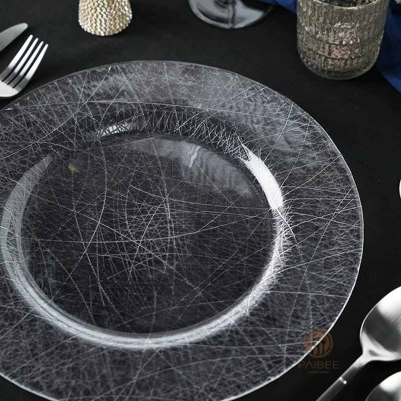 Multi-Color Web Crackle Pattern Crystal Glass Charger Plate with Custom Options