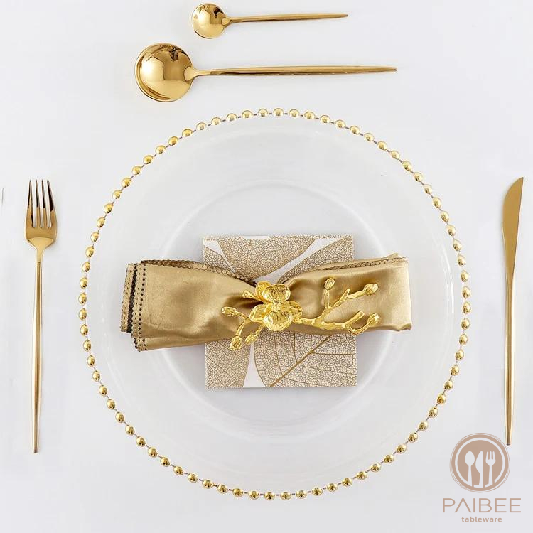 Gold Beaded Round Glass Charger Plates, Event Tabletop Decor