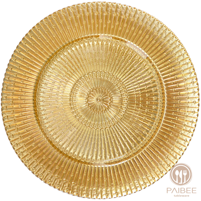 Paibee Tableware Wholesale Wedding Glass Charger Plates Gold Plated Dish