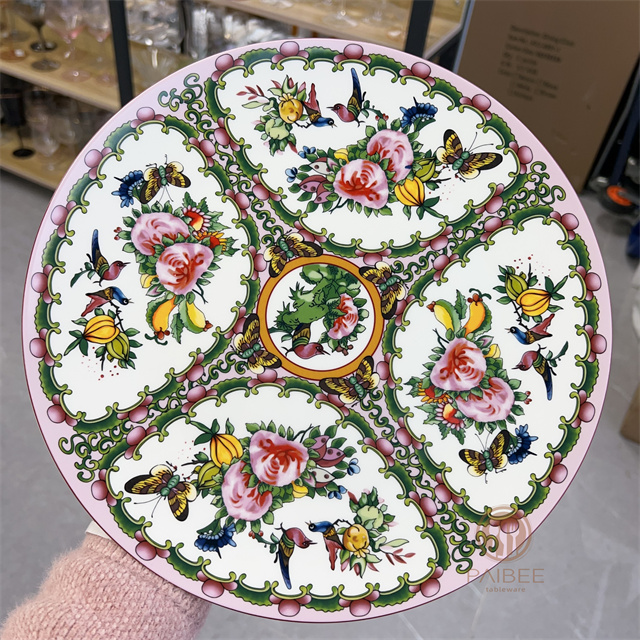 Chinese Style Floral Pattern Round Decorative Plate Traditional Chinese Aesthetic Party Furniture Decoration