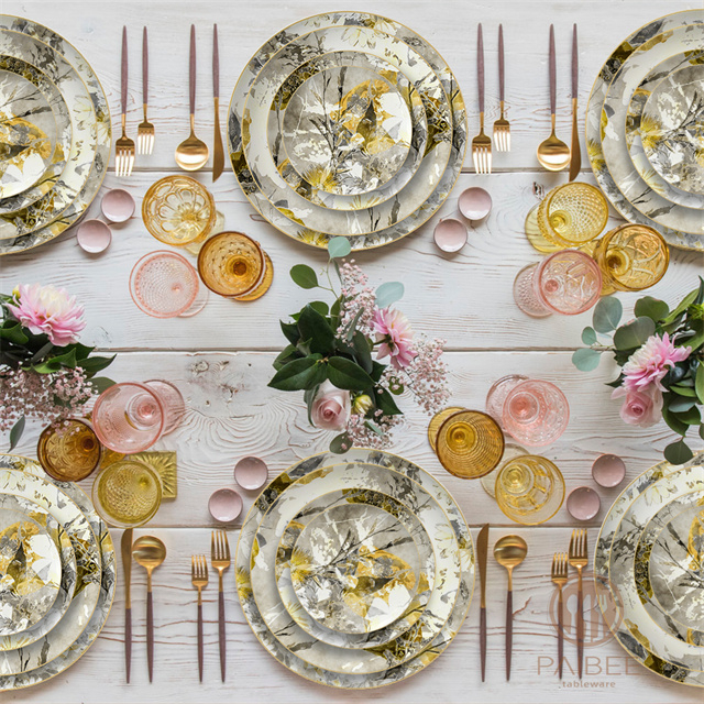 Gold And Silver Toned Bone China Plate with Detailed Abstract Floral Pattern