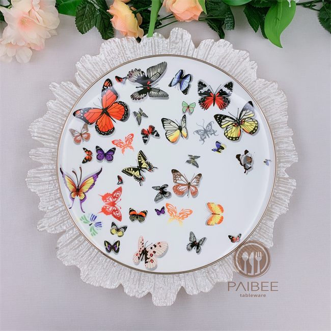 Wholesale Butterfly Pattern Wedding Dinner Plate Decorative Gold Rim Bone China Dinnerware