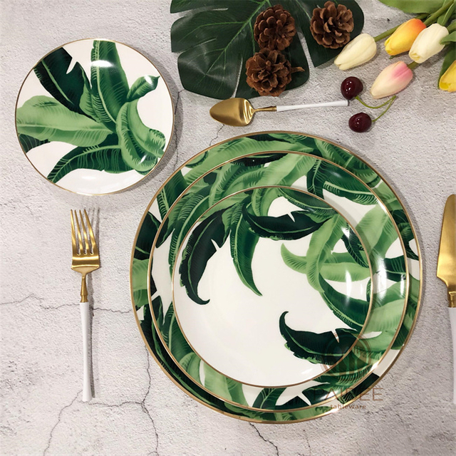 Green Banana Leaf Pattern Gold Rim Bone China Plates for Wedding