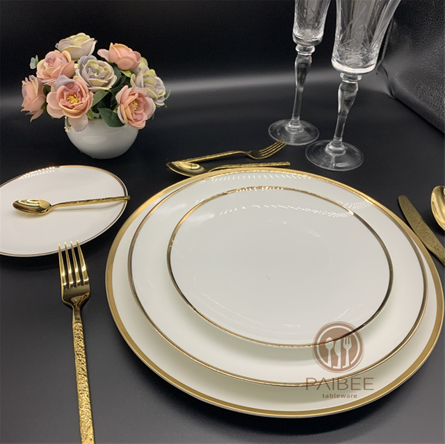 gold rim coupe dinner plate Luxurious Gold Rim China Collection White Dinner plate with gold rim