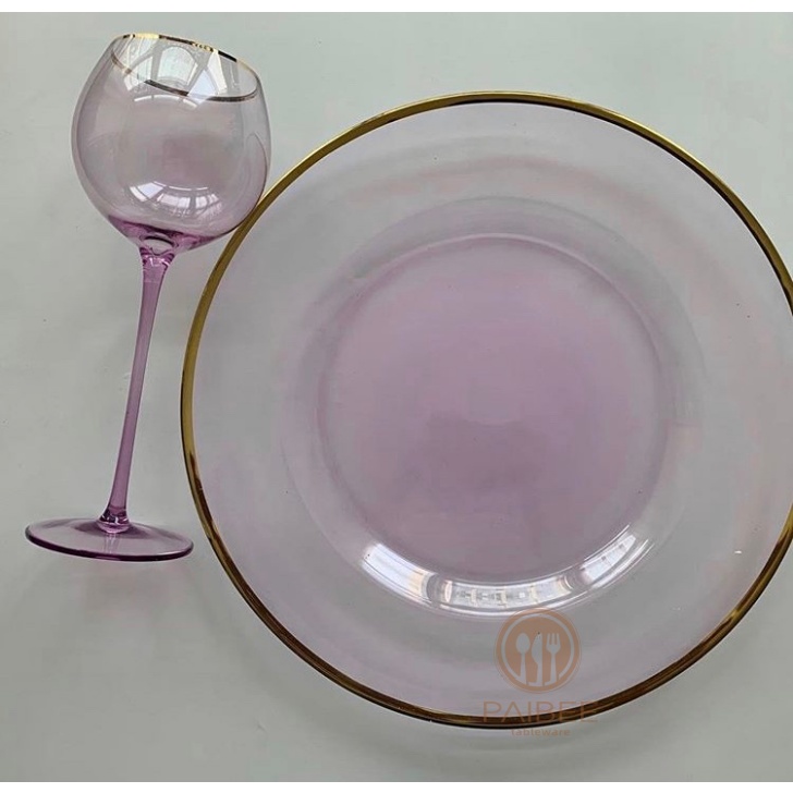 Colored Crystal Glass Charger Plate with Gold Rim for Wedding & Hotel Tableware