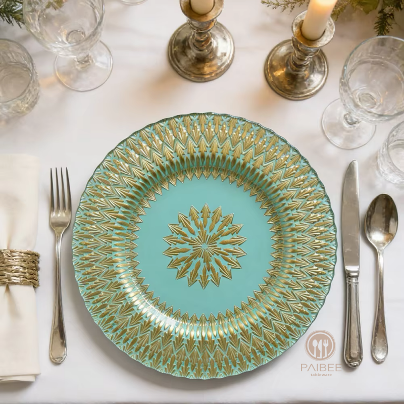 Multi-Color Starburst Snowflake Pattern Crystal Glass Charger Plate with Custom Options