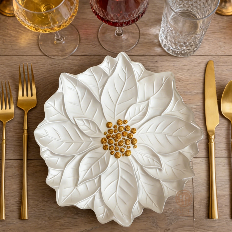 Multi-Color Poinsettia Flower Shaped Crystal Glass Charger Plate with Custom Options