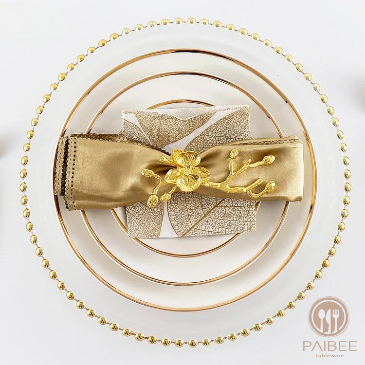 Gold Beaded Round Glass Charger Plates, Event Tabletop Decor