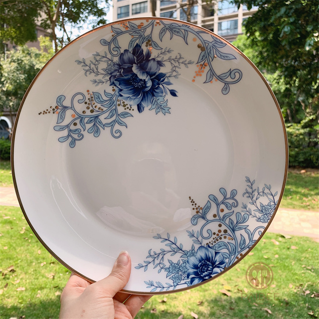 BLUE Factory Custom Print Pattern Ceramic Dinnerware Plate Hotel Gold Rim Charger Plate Bone China Dinner Plate Set For Restaurant