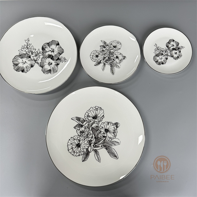 Simple Bone China Plate with Painted Flowers, Suitable for Wedding Party Furniture Dinner Plate