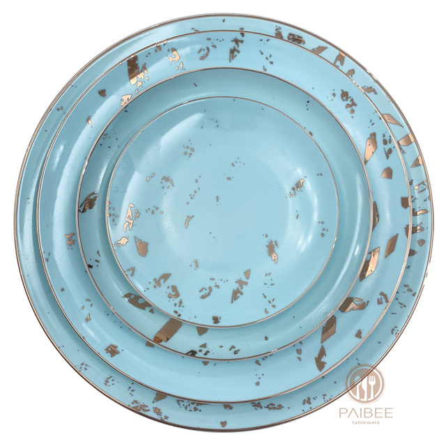 Fresh Sky Blue Metal Spots with Gold Edge Bone China Plate Ceramic Plate