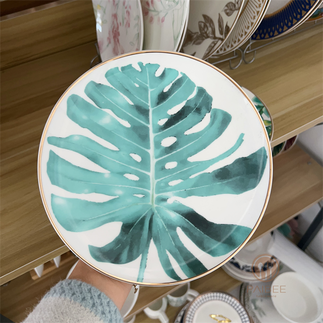 High-grade Tropical Rainforest Monstera Gold-rimmed Ceramic Plate Bone China