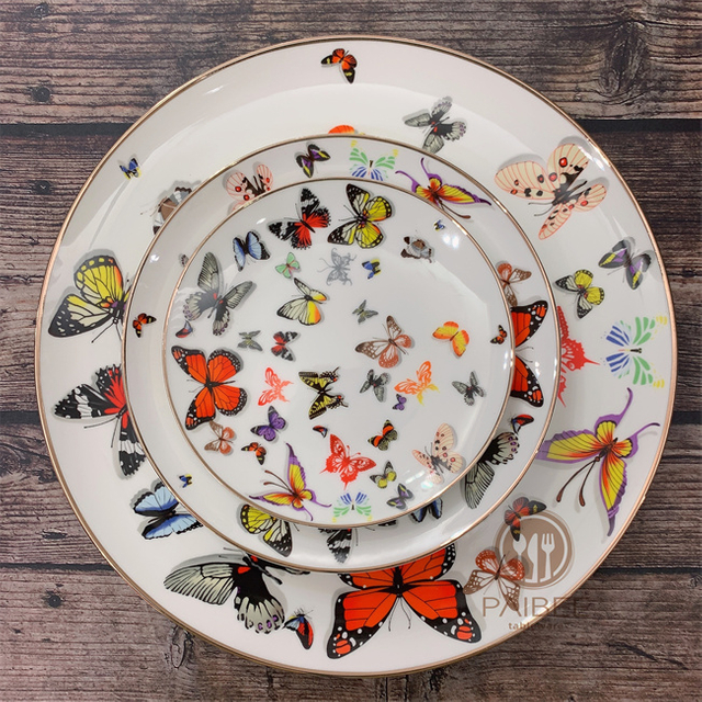 Wholesale Butterfly Pattern Wedding Dinner Plate Decorative Gold Rim Bone China Dinnerware