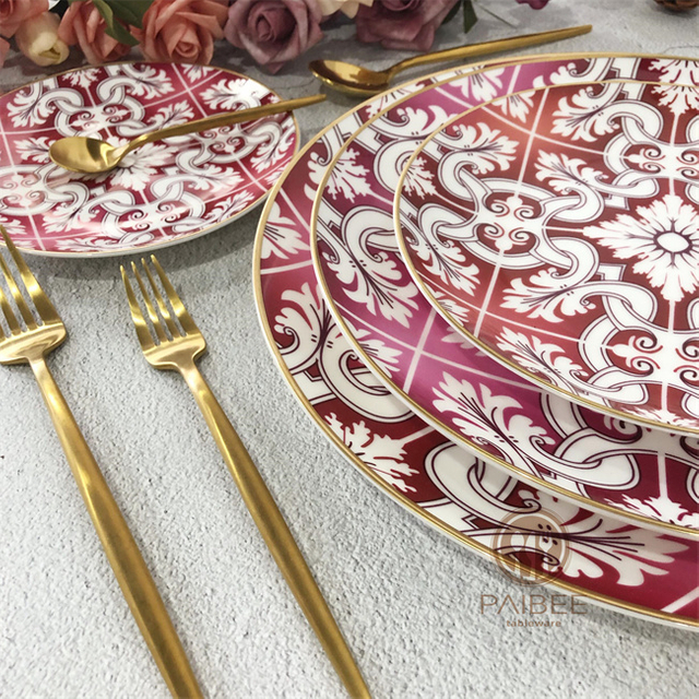 Matte Gold Rim Fine Red Bone China Plate Set for Hotel Restaurant Wedding