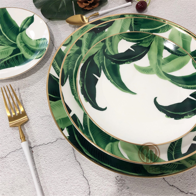 Green Banana Leaf Pattern Gold Rim Bone China Plates for Wedding