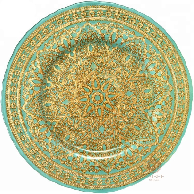 Multi-Color Ornate Mandala Pattern Crystal Glass Charger Plate with Custom Options