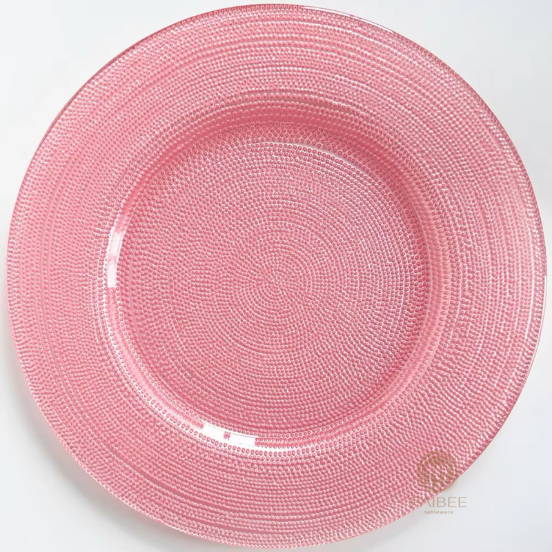 Multi-Color Concentric Dot Pattern Crystal Glass Charger Plate with Custom Options