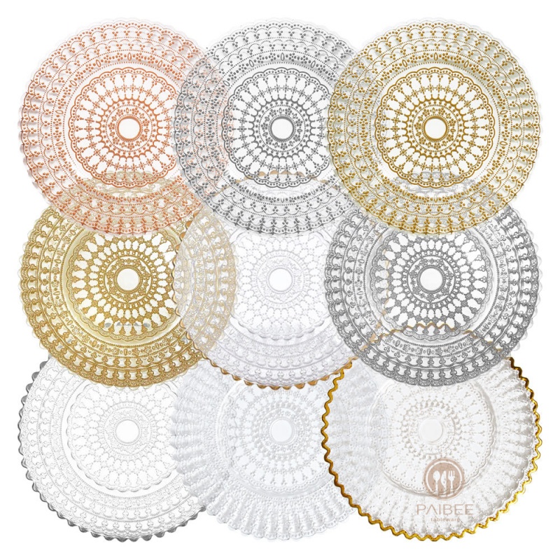 Multi-Color Lace Mandala Pattern Crystal Glass Charger Plate with Custom Options