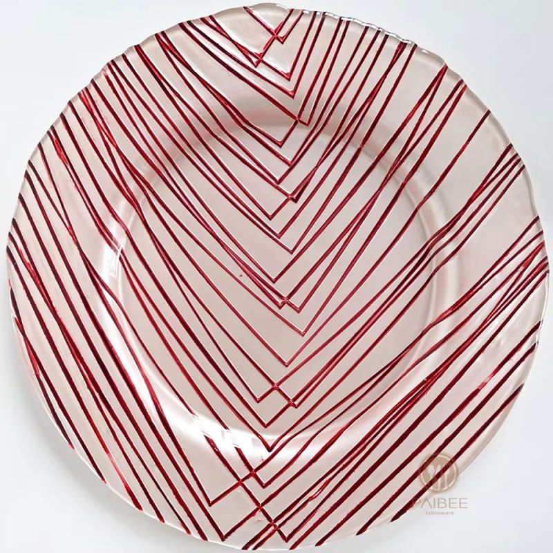 Multi-Color Geometric V-Pattern Crystal Glass Charger Plate with Custom Options