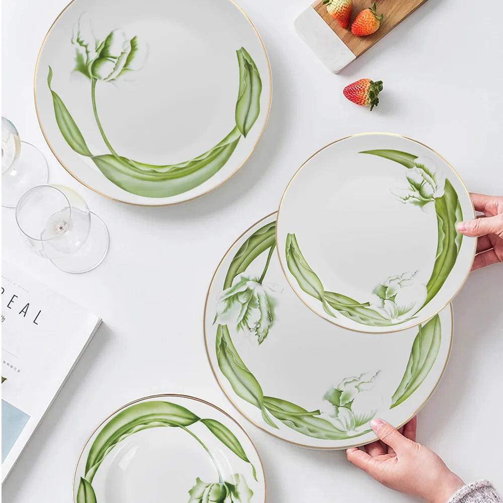 Gold Rim Dinner Plate Tableware Fine China Colorful Dinnerware Sets For Hotel Party