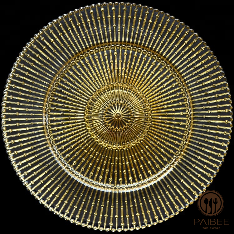 Paibee Tableware Wholesale Wedding Glass Charger Plates Gold Plated Dish