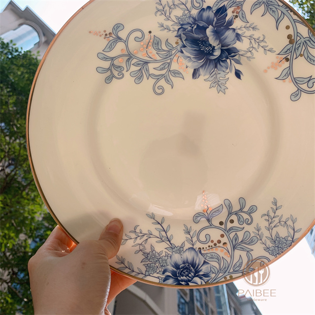 BLUE Factory Custom Print Pattern Ceramic Dinnerware Plate Hotel Gold Rim Charger Plate Bone China Dinner Plate Set For Restaurant