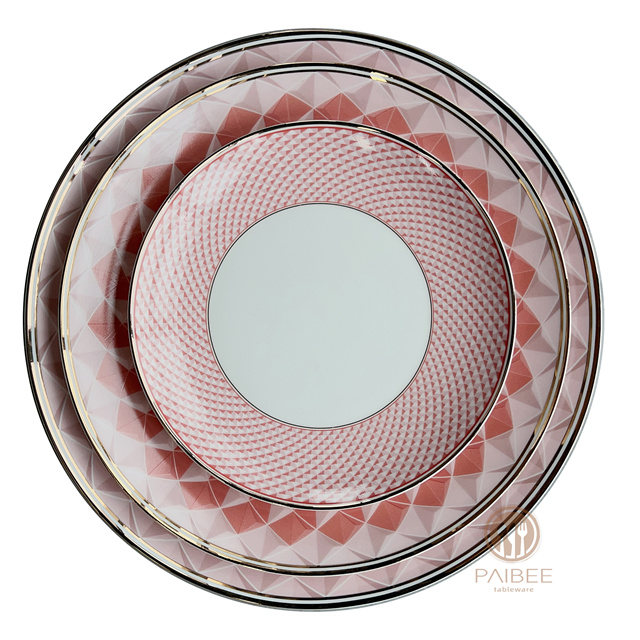 PINK Factory Directly Supplier Wholesale New Checked Design Porcelain Dinnerware Ceramic Red Charger Plate Tableware Dinner Set