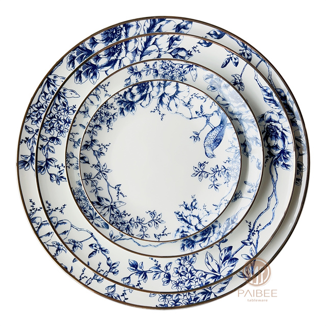 Elegant Blue And White Bird And Flower Bone China Dinner Plate Set