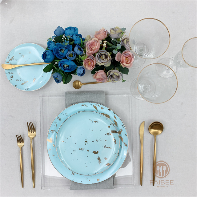 Fresh Sky Blue Metal Spots with Gold Edge Bone China Plate Ceramic Plate