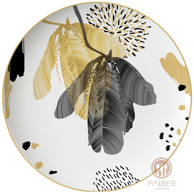 Banana Leaf Pattern Bone China Dinner Plate Plant Elegant Ceramic Plate