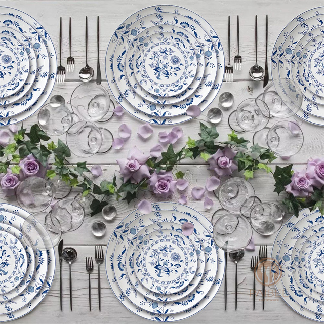 Wholesale Blue Flower Tableware Restaurant Wedding Dinner Plate Set Dishes Porcelain Ceramics Plates Dinnerware For Home