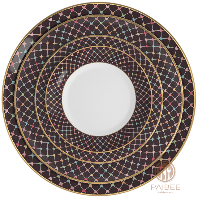Black And White Net Pattern Dotted with Colorful Love Hearts Light Luxury Ceramic Bone China Dinner Plate