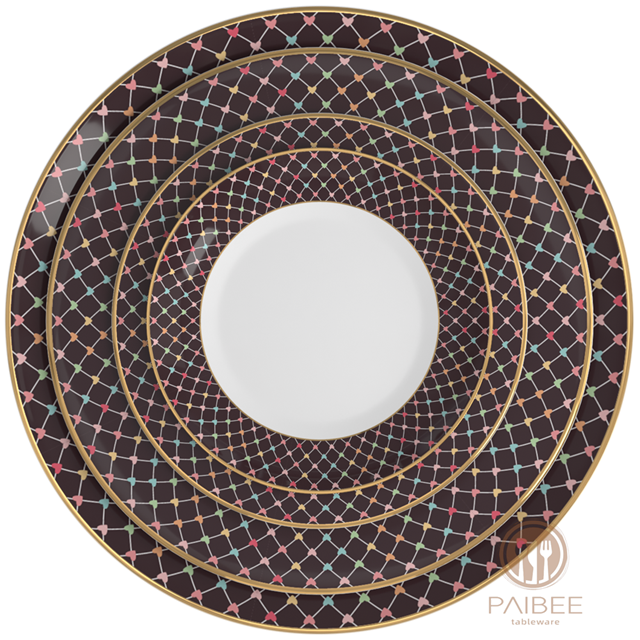 Black And White Net Pattern Dotted with Colorful Love Hearts Light Luxury Ceramic Bone China Dinner Plate