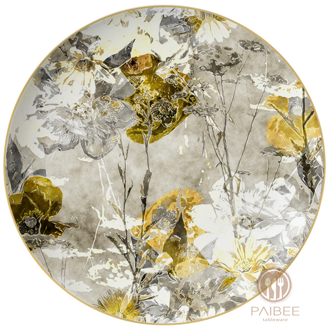 Gold And Silver Toned Bone China Plate with Detailed Abstract Floral Pattern