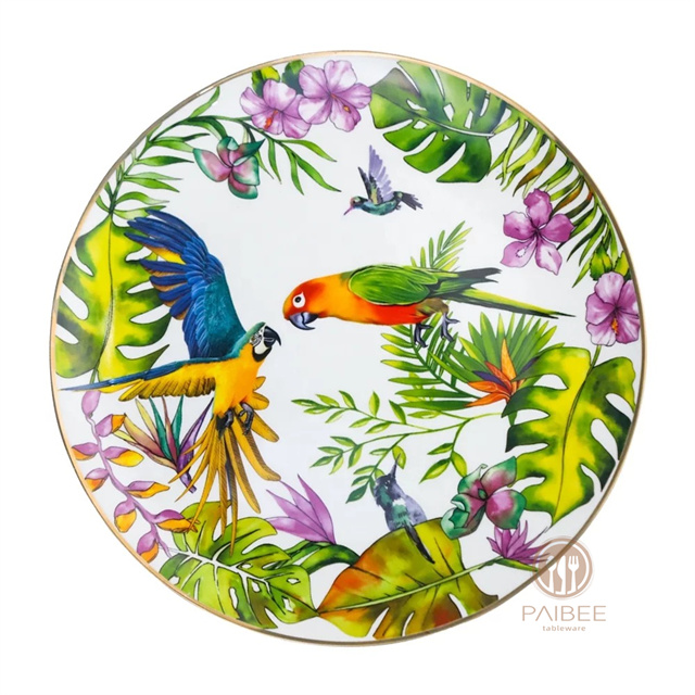 Hot Sale Parrot Bone China Tableware Gold Edge Bone China Plate