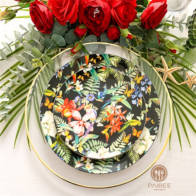 Bone China Decorative Plate with Black Background And Painted Flowers And Butterflies