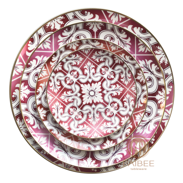Matte Gold Rim Fine Red Bone China Plate Set for Hotel Restaurant Wedding