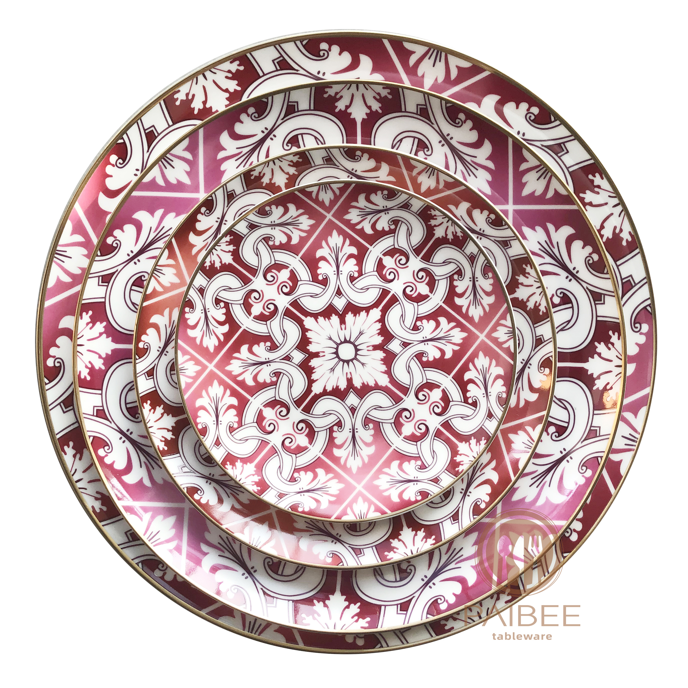 Matte Gold Rim Fine Red Bone China Plate Set for Hotel Restaurant Wedding