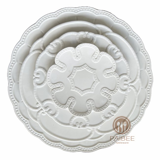 Embossed white bone china plate ceramic flower plate factory
