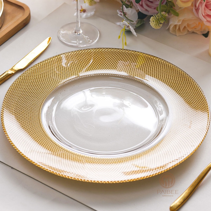 Multi-Color Grid Pattern Metallic Rim Crystal Glass Charger Plate with Custom Options
